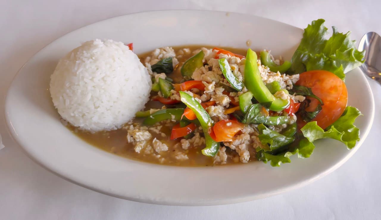 Pad Kra-Pao (Basil Chicken) plated at Maly Thai restaurant in St. Charles