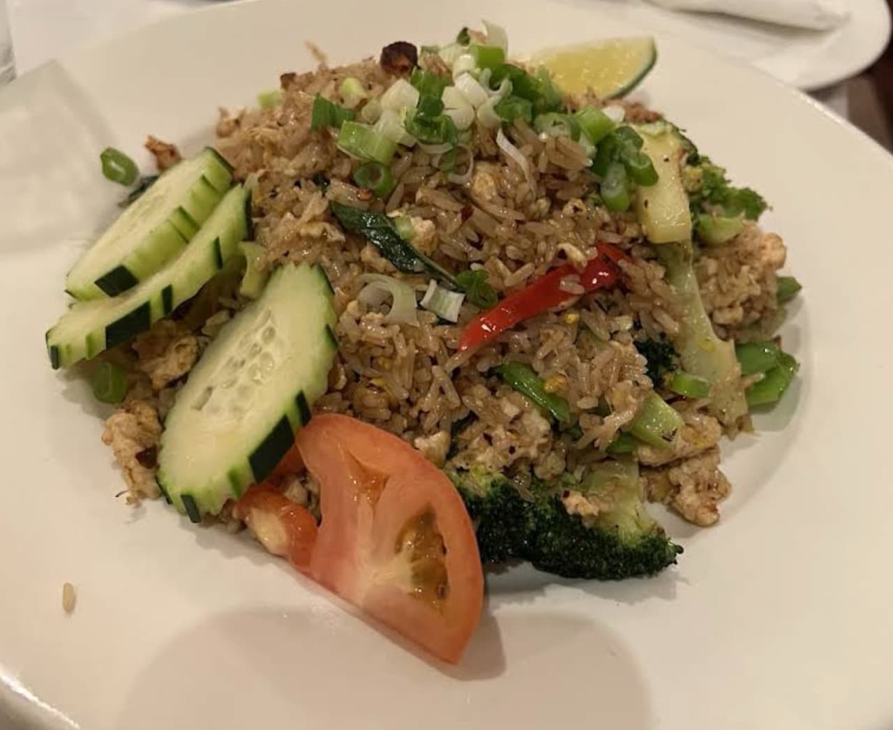 Basil Fried Rice (minced chicken or your choice) plated at Maly Thai restaurant in St. Charles