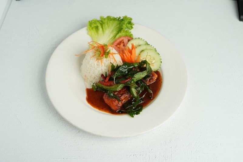 Grilled Salmon Crunchy Basil plated at Maly Thai restaurant in St. Charles